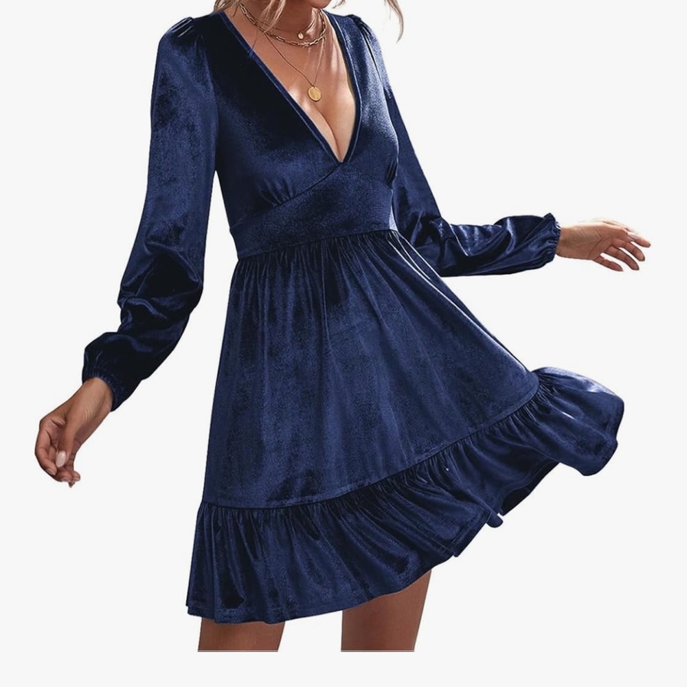 ROYLAMP Women's Dresses Velvet Deep V-Neck Long Sleeve Ruffle Mini Swing (L) NEW
